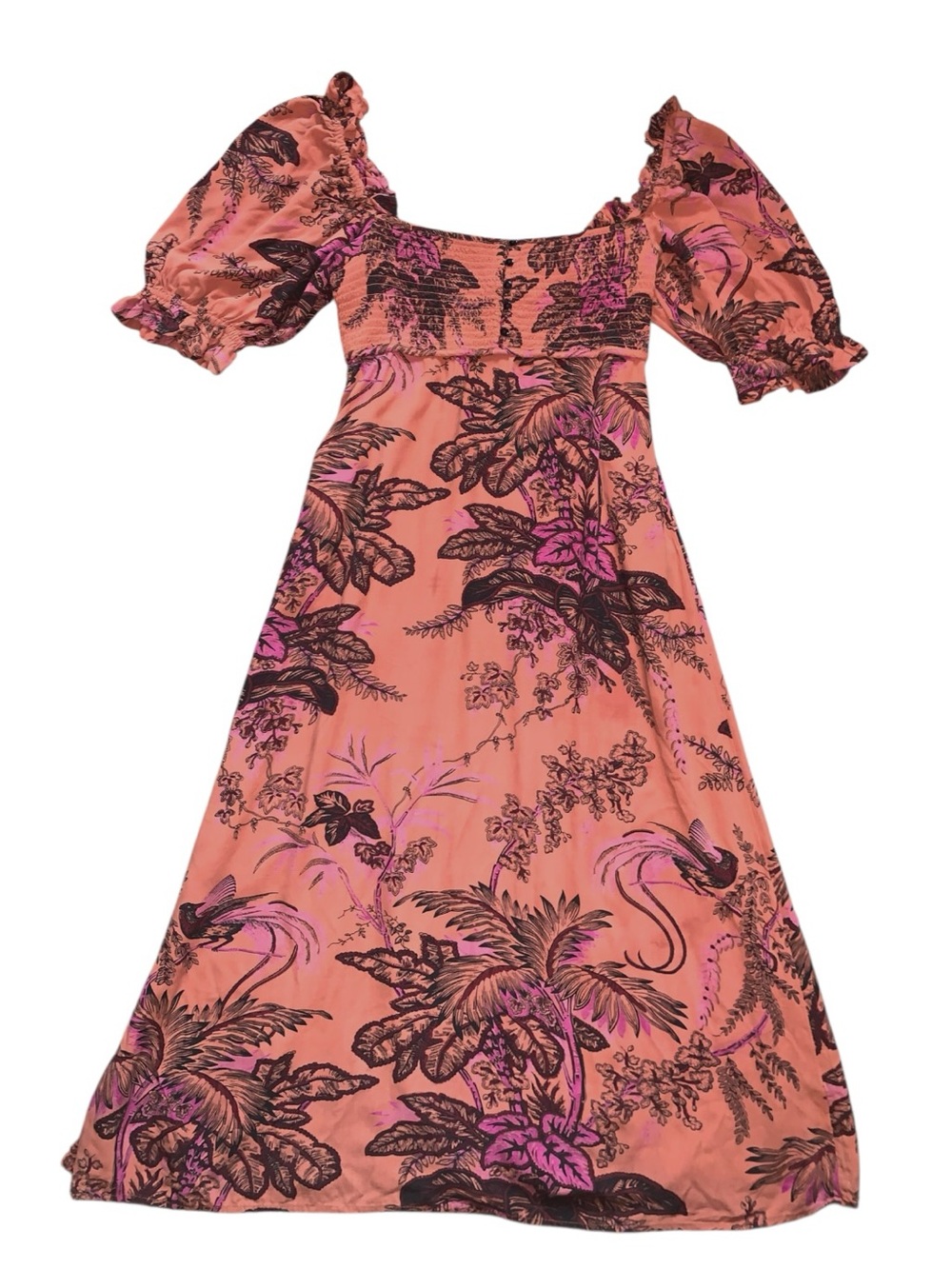 Anthropologie Peach Coral Plum Tropical Bird Maxi Dress Natural Life Boho - Picture 2 of 11